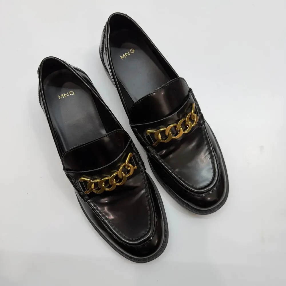 MNG Mango Black Gold Loafers 39 / 8.5 Preppy Office